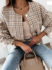 Women long sleeve round neck grid coats