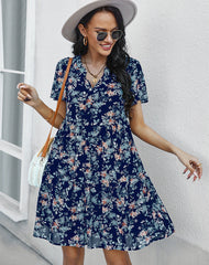 V neck short sleev floral printed women shift dresses