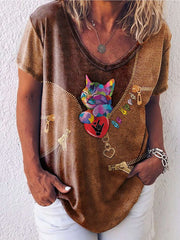 Casual Loose Gored Cartoon print Round neck Short sleeve T-Shirts