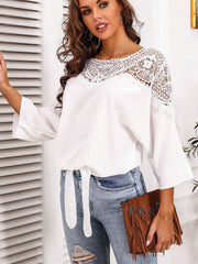 Casual Lace Hollow out Round neck Three quarter sleeve T-Shirts