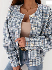 Women long sleeve round neck grid coats