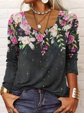 Button style printed fashion long sleeve spring t-shirts