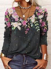 Button style printed fashion long sleeve spring t-shirts