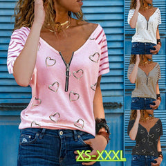 Love printed women v neck short sleeve tops zipper shirts