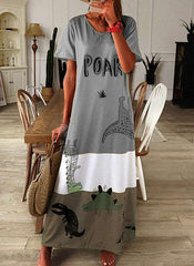 Casual Loose Animal print Round neck Short sleeve Maxi Dresses