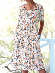 Fashion Floral print Round neck Short sleeve Shift Dresses