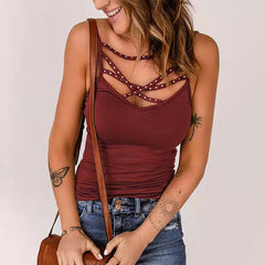 Women v neck rivet design sleeveless vests tops