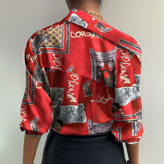 Digital Printing lapel Long sleeve Women Blouses