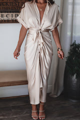 Elegant Short Sleeve Satin V neck maxi dresses