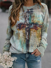Vintage wome flower printed round neck long sleeve sweatshirts