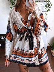 Casual Loose Floral print V neck Long sleeve Lacing Skater Dresses
