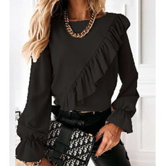 Pure Round neck Long sleeve Falbala Blouses