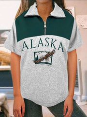 Casual Gored Word print Zipper Lapel Short sleeve T-Shirts