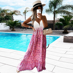 Vacation beach wearing printed halter neck women sleeveless long dresses