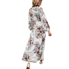Fashion Casual Floral print V neck Long sleeve Lacing Skater Dresses