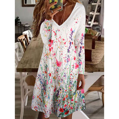 Fall New Floral Printed Long Sleeve V Neck Shift Dresses