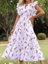 Fashion Floral pring V neck Sleeveless Falbala Skater Maxi Dresses