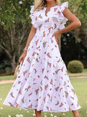 Fashion Floral pring V neck Sleeveless Falbala Skater Maxi Dresses
