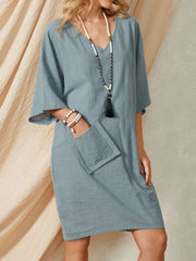 Casual Loose Pure V neck Half sleeve Shift Dresses