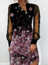 New button mesh splicing digital printing flower long-sleeved Shift Dresses