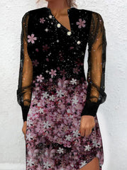 New button mesh splicing digital printing flower long-sleeved Shift Dresses