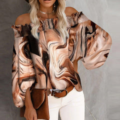 Off shoulder stripe floral printed long sleeve chiffon blouses