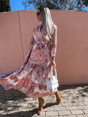 Bohemia women floral long sleeve tie waist long dress maxi dresses