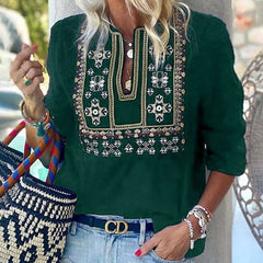 Casual Loose Embroidery V neck Long sleeve Blouses
