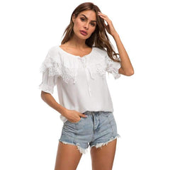 Pure Round neck Lace Chiffon Blouses