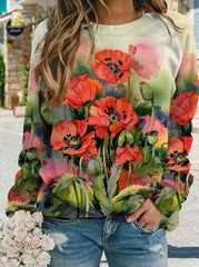 Vintage wome flower printed round neck long sleeve sweatshirts