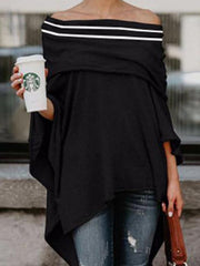 Off Shoulder Asymmetric Hem Striped T-Shirts
