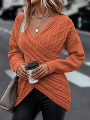 Plain Loose Casual V Neck Cros Twist Sweaters