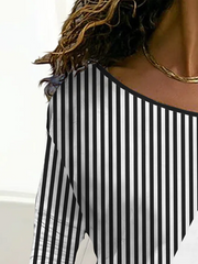 Plain color block stripe loose button top plus size T-shirts