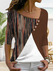 Plain color block stripe loose button top plus size T-shirts