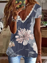Printed V-Neck Bright Color Short Sleeve T-Shirt Women Tops