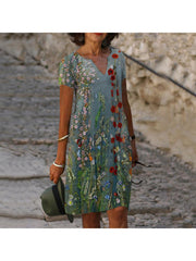 Printed v neck women short sleeve fashion shift dresses