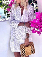 White Shift V Neck Floral Holiday Dresses