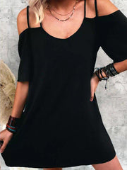 Black Cold Shoulder Cotton-Blend Shift Solid Dresses