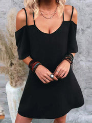 Black Cold Shoulder Cotton-Blend Shift Solid Dresses