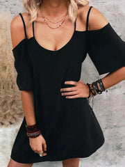 Black Cold Shoulder Cotton-Blend Shift Solid Dresses