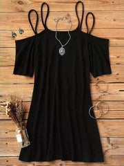 Black Cold Shoulder Cotton-Blend Shift Solid Dresses