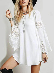Round -Neck Loose Long Bell Lace Sleeve Casual Dress