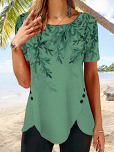 Round Neck Floral Tulip Hem Vacation Tunic Tops T-shirts