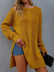 Round Neck Mid Length Loose Slit Pullover Long Sweaters
