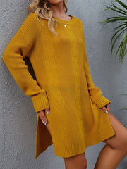 Round Neck Mid Length Loose Slit Pullover Long Sweaters