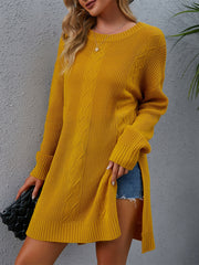 Round Neck Mid Length Loose Slit Pullover Long Sweaters