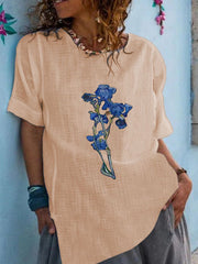 Round neck cotton blend long floral top T-shirts