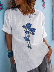 Round neck cotton blend long floral top T-shirts