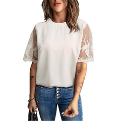 Round neck short sleeve top lace Chiffon T-shirts