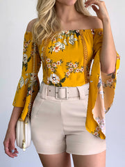 Women's Blouses Boat Neck Printed Flared Long Sleeve Blouse